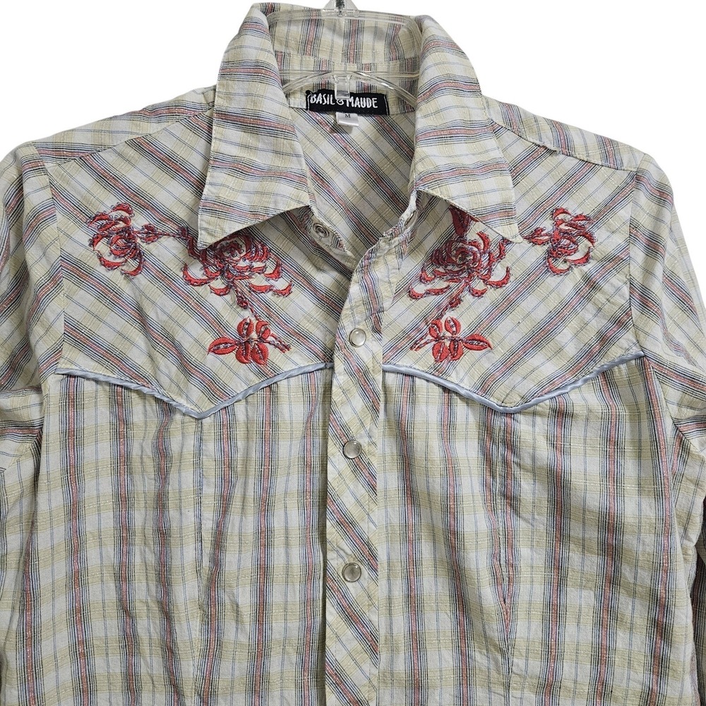 Basil & Maude Western Pearl Snap Shirt Womens M Yellow Plaid Floral Embroidered